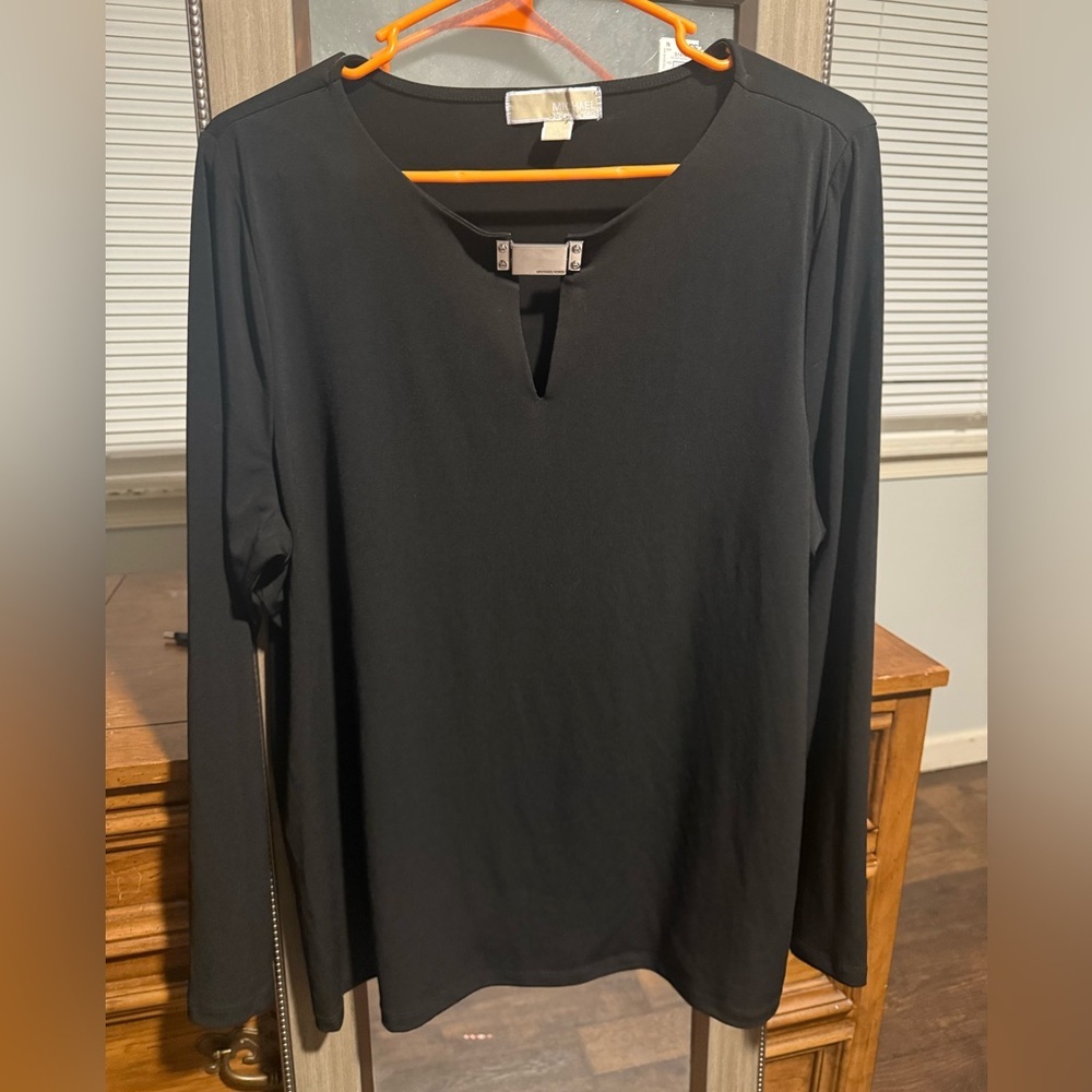Michael Kors Black Long Sleeve Top with silver plated accent